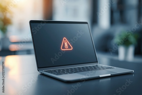 summer overheating electronics concept. Laptop computer displaying warning symbol on screen, modern workspace with plants and soft lighting in background
