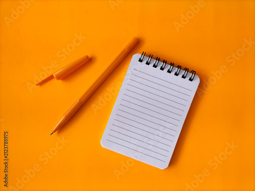 Blank small ring-bound notebook with an open pen, on bright orange paper.