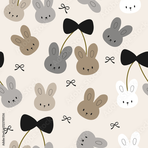 cute kawaii bunny with black bow seamless pattern , vector , illustration