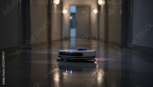 Nighttime view of a compact cleaning robot quietly polishing floors in a hostel hallway with ambient lowlight creating a subtle glow and blurred background depth.