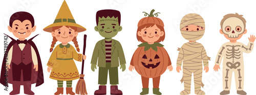 Obraz na płótnie Group of Cute Children Wearing Vintage Earth Tone Halloween Costumes Pack Featur