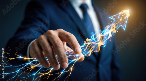 Business growth and financial success with a rising arrow of energy and power. Businessman in a suit points forward toward upward progress, symbolizing investment, market strategy and ambition.