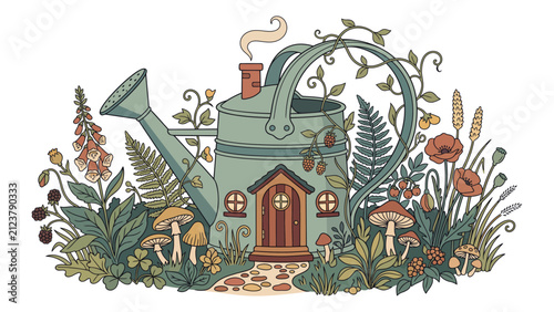 Whimsical watering can turned into a fairy tale home illustration with watering