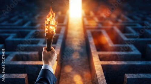 Businessman holds a burning torch while navigating a complex maze toward a bright exit. Flame lights the path forward, symbolizing leadership, guidance, direction and the search for a solution