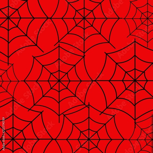 Seamless spider web pattern on vibrant red background with bold black webs. Perfect for Halloween wrapping paper, fabric, scrapbook, textiles, party decor and spooky digital designs.