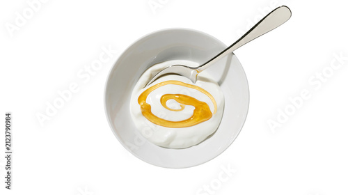 White yogurt with golden honey swirl in bowl spoon, isolated on transparent background