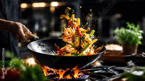 Chef tosses shrimp and fresh vegetables in a wok over open gas flame. This delicious asian cuisine dish sizzles with prawns, peppers and herbs, a tasty stir fry meal prepared in a professional