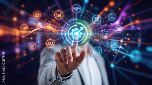 Business process automation and digital transformation for growth optimization. Finger touching interface with gear, target, analytics, and network icons. Corporate strategy, workflow efficiency