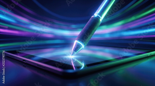 Glowing stylus pen touches the sleek screen a modern tablet device. Bright light streaks and dynamic waves surround the gadget. Digital technology and innovation meet on the electronic interface.