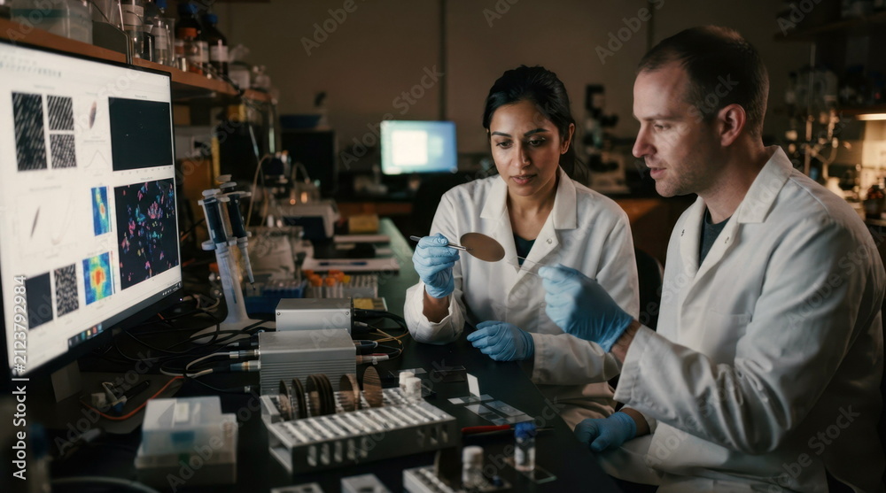 Fototapeta premium Researchers handling a thin-film wafer and microscope slide in a lab with spectrometer, sample racks, and machine-learning guided discovery.