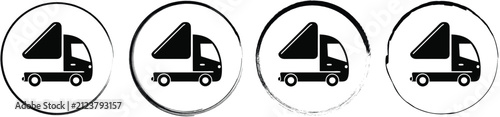 Obraz na płótnie Four circular featuring a black silhouette of a dump truck or tipper vehicle in