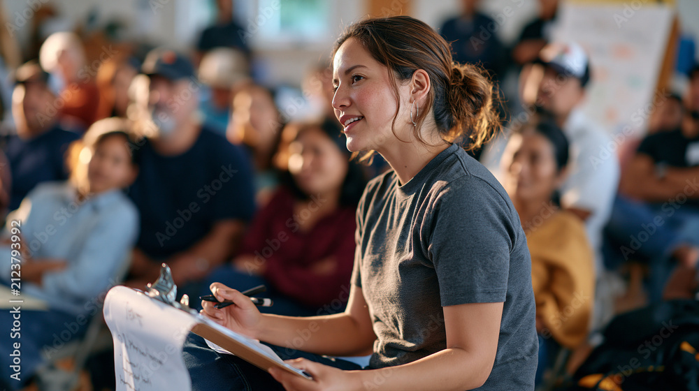 Obraz premium A grant writer surrounded by a warm indoor gathering crowd presents a funded proposal for a spiritual emergency support center, flipchart visible, diverse attendees leaning forward with interest, co