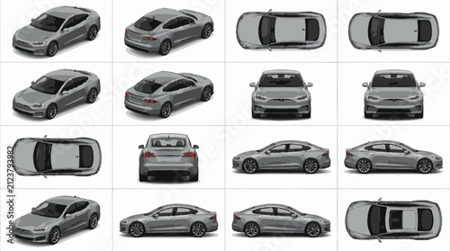 Collection of modern sedan cars in multiple angles.