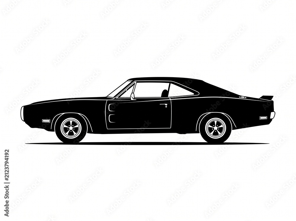 Fototapeta premium Classic muscle car side silhouette illustration of a vintage classic in black and white.