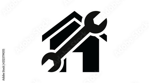 Black wrench tool symbol integrated with house icon, isolated on transparent background