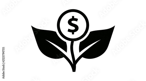 Black dollar coin growing from plant with leaves, isolated on transparent background