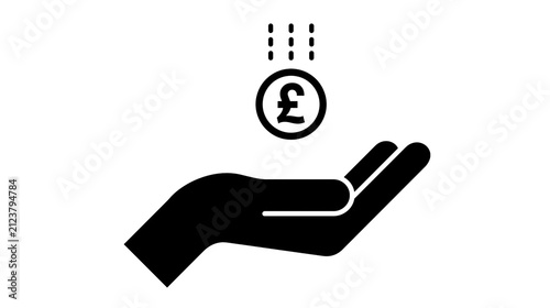 Black hand receiving falling British pound coin, isolated on transparent background