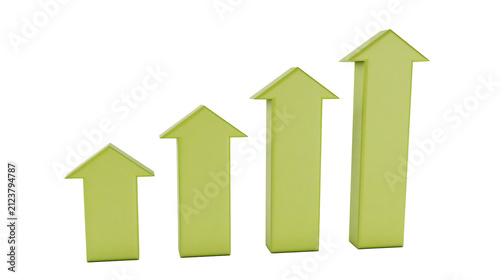 Four green 3D arrows showing upward growth, isolated on transparent background