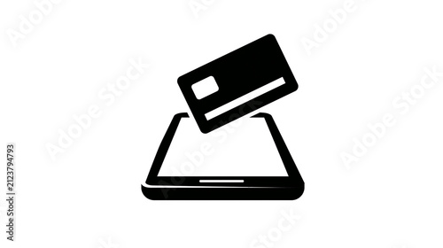 Black credit card inserted into a smartphone screen, isolated on transparent background