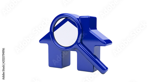 Blue house shape with magnifying glass over roof, isolated on transparent background