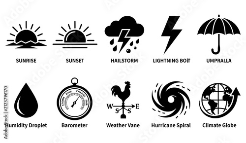 Foto Sunrise Sunset Hailstorm Lightning Umbrella Weather Icons Set for Climate and Fo