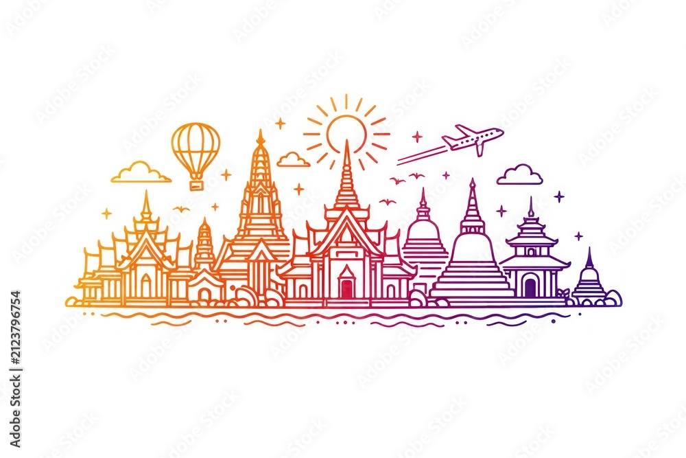 Fototapeta premium Colorful line art of a cityscape with temples, plane, and hot air balloon.