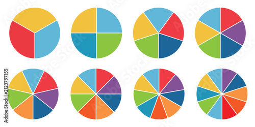 Colorful pie charts with varying segments. Circle division on from  3-10 equal parts. Template for cycle diagram, graph, presentation and round chart.