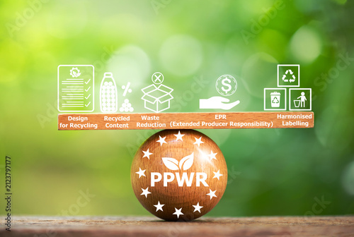 PPWR text on wood, icons about packaging and packaging waste regulation concept.