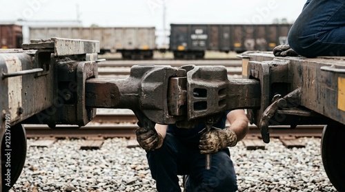 Kneeling briefly beside a flatcar's coupling mechanism to check for proper engagement