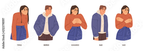 Man and woman expressing different emotions, gesturing and posing. Vector isolated teenagers with facial expressions of tiredness, boredom and shame. Ashamed and sad, bored and tired girl and boy