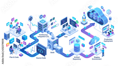 DevOps Software Development Lifecycle Isometric Concept