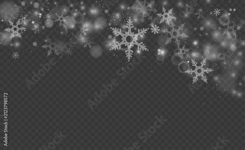 Snowflakes background with realistic effect. Vector Christmas snow crystals print pattern for promotional materials and holiday cards. Magic snowfall texture copy space. Winter snowstorm surface