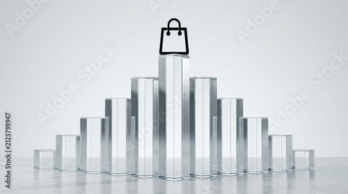 Shopping bag on top of glass bar chart symbolizing retail growth and tech advancement in e commerce industry success and innovation