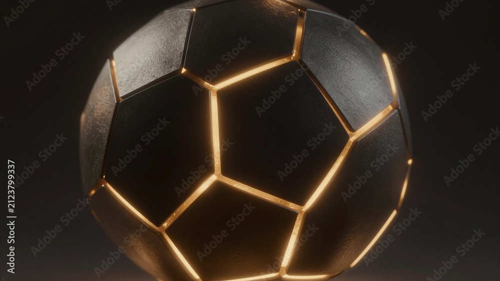 Naklejka premium A futuristic digital tech sphere with glowing golden seams against a dark background, symbolizing innovation and advanced technology.