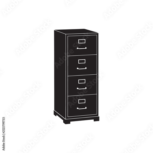Black silhouette of a four drawer filing cabinet standing on a small base isolated on a white background  for office use