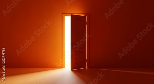 Open Door Glowing with Bright Warm Light in Minimal Red Room, Symbolic Concept for New Opportunity, Hope, Success, Career Change, Freedom, Transformation, Future and New Beginnings