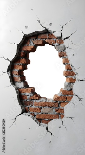 Large Broken Hole in White Concrete Wall with Exposed Red Bricks and Cracks, Construction Damage Concept for Demolition, Renovation, Breakthrough, Repair and Architectural Background