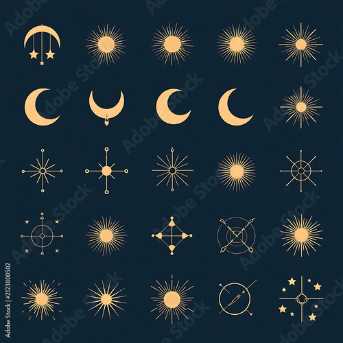 Assortment of golden celestial icons including moons suns stars and abstract shapes on dark background elegant mystical graphic design elements.