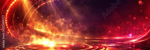 Swirling red and golden light trails illuminate an empty performance stage website banner