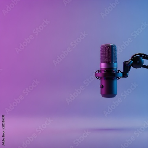 Professional Condenser Microphone on Boom Arm Against Purple Blue Gradient Background, Modern Audio Recording Setup with Copy Space for Podcasting, Streaming and Voice Over