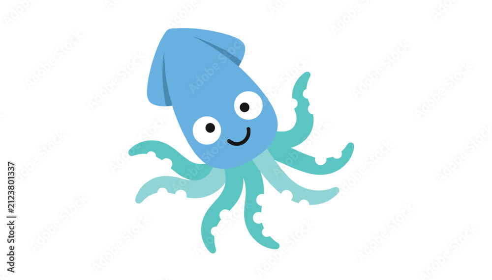 Fototapeta premium Cute cartoon blue squid with large friendly eyes and green tentacles smiling happily on a pure white background.