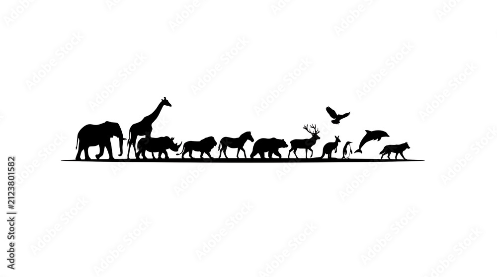 Fototapeta premium Silhouette Safari: A majestic procession of wild animals, from towering elephants and giraffes to rhinos, lions, zebras, bears, deer, rabbits, and foxes.