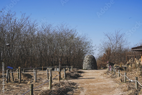 Stone cairn along walking path in Haneul Park