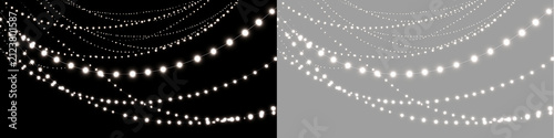 Konstfotografi White Christmas string lights with bright round bulbs hanging in draped curves