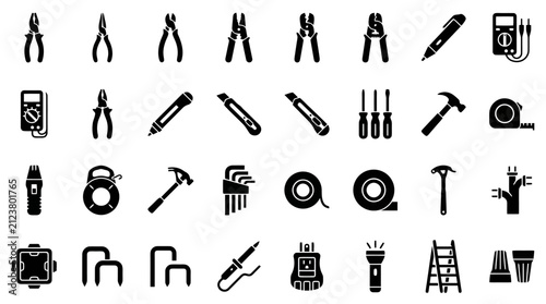 Electrician tools and electrical maintenance equipment vector icons set, power hardware service collection with pliers multimeter tester soldering iron black silhouette design