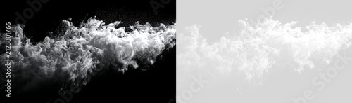 Foto Dense white smoke plume motion stream isolated on transparent grid and black bac