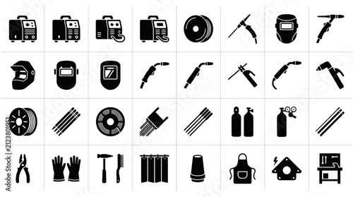 Welding equipment and metal fabrication tools vector icons set, welder industrial machine collection with torch helmet wire mask pliers black silhouette design