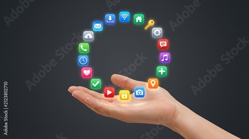 Hand holding glowing circle of colorful mobile app icons representing digital ecosystem and connectivity.