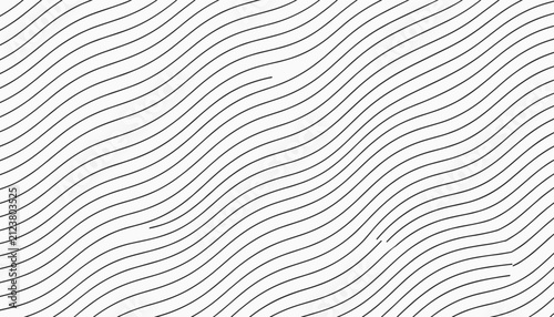 Monochromatic abstract background of fine waving black diagonal lines on a clean white canvas.
