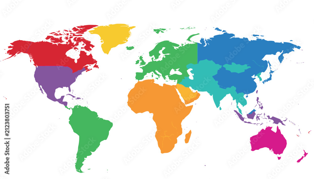 Fototapeta premium Colorful vector world map dividing continents into distinct bright regional color zones on white.